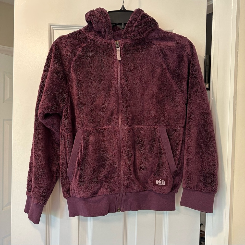 REI girls Plush fleece Purple Hoodie jacket size medium 10-12